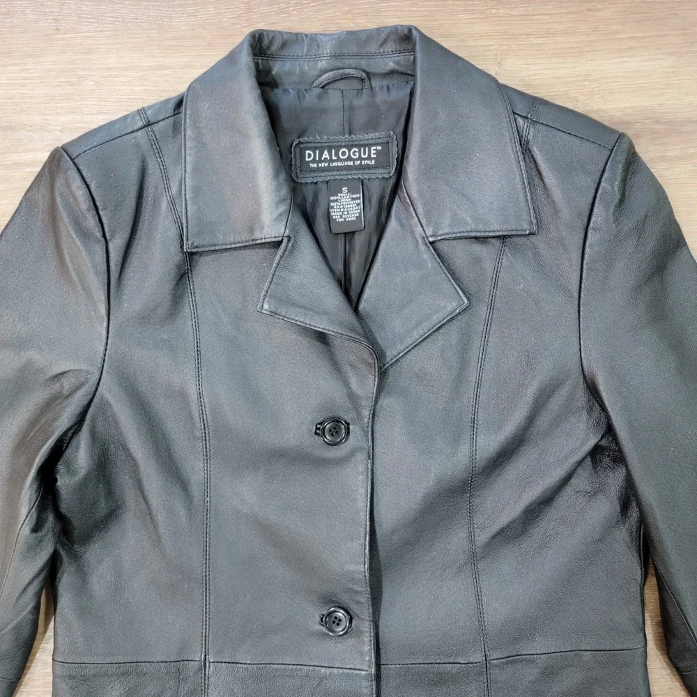 Dialogue Genuine Black Leather Jacket Coat Button Front Pockets Women's Sz Small